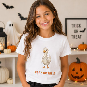 Camiseta Menina do Ganso no Halloween Múmia Buzinou ou Doce