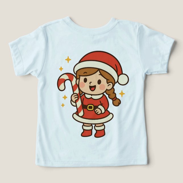 Camiseta Menina do Papai Noel com Bastão de Doce (Verso do Design )