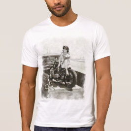 CAMISETA MENINA DO PINUP NA MOTOCICLETA