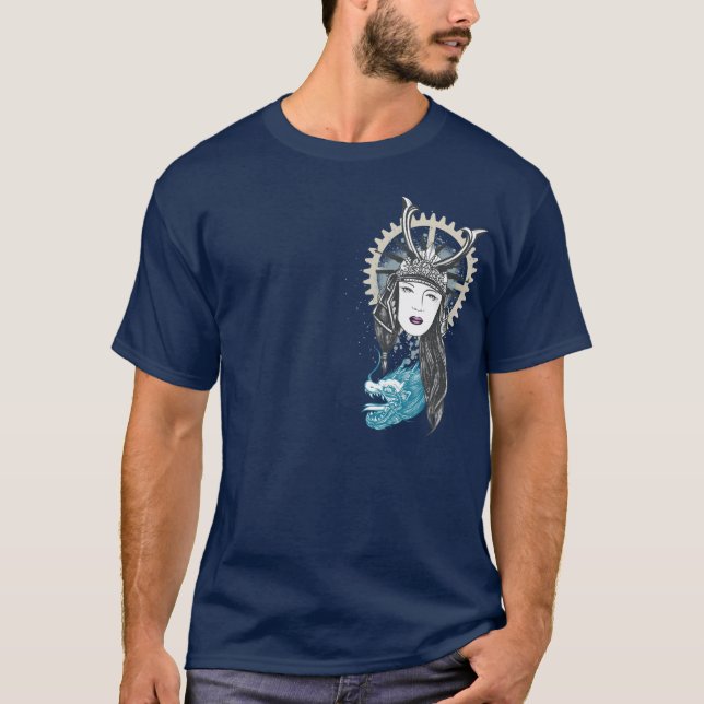 Camiseta Menina do samurai de Steampunk com dragão (Frente)