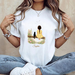 Camiseta Menina e Gato Preto no Galho