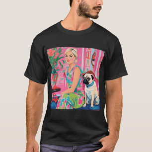 Camiseta Menina e pug castanho em interior sofisticado