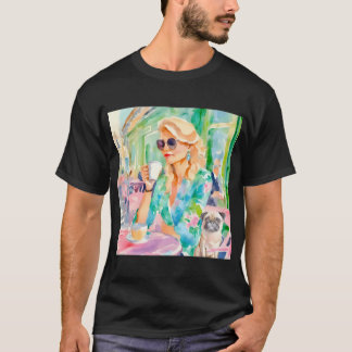 Camiseta Menina e seu pug em um café parisiense, pa de aqua