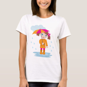 Camiseta Menina em Casaco Laranja de Chuva com Guarda-Chuva