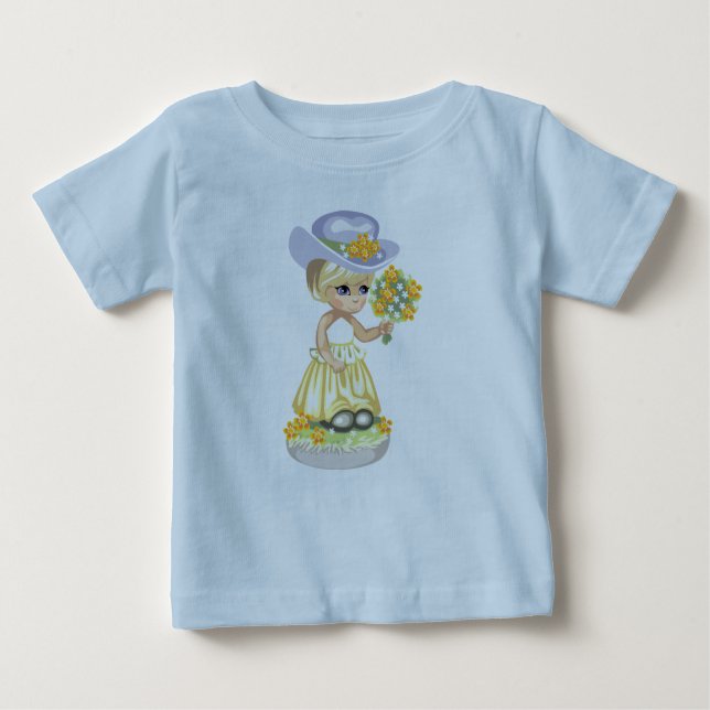 Camiseta Menina em Páscoa amarela vestindo flores (Frente)