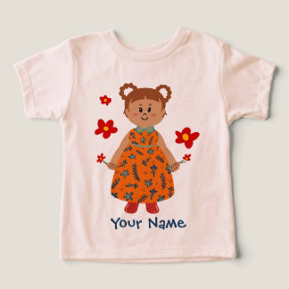 Camiseta Menina em Vestido Laranja (Trança Bela) Nome Perso