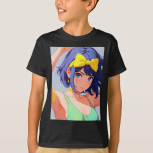 Camiseta Menina energética de anime retrô cabelo azul laço
