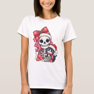 Camiseta Menina Esqueleto de Natal Com Gato