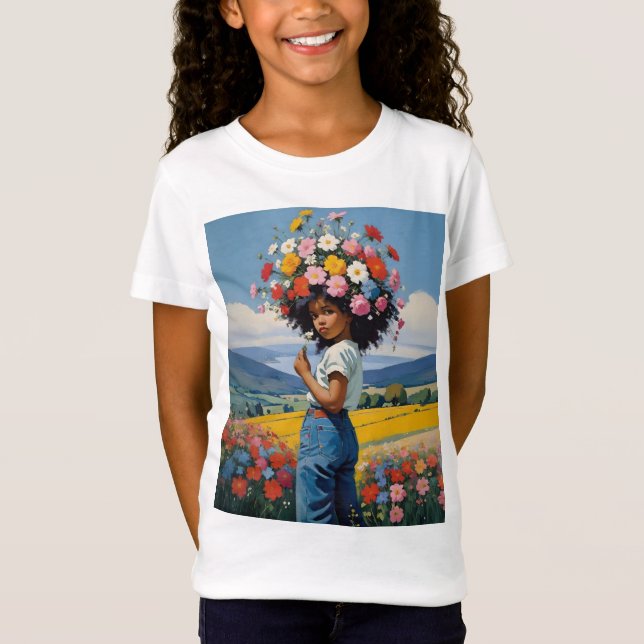 Camiseta Menina Fofa Com Flores No Cabelo (Frente)