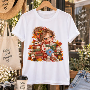 Camiseta Menina Fofoqueira do Outono Lendo Livros Ilustraçã
