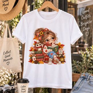 Camiseta Menina Fofoqueira do Outono Lendo Livros Ilustraçã