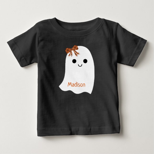 Camiseta Menina Ghost Xadrez Arco do Halloween Nome (Frente)