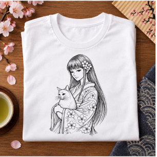 Camiseta Menina Japonesa com um Gato Branco
