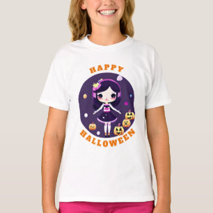 Camiseta Menina Kawaii Fofa em Abóboras Halloween