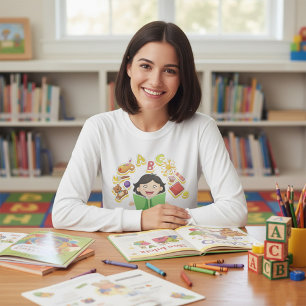Camiseta Menina Lendo Aprendendo Letras ABC e Brinquedos