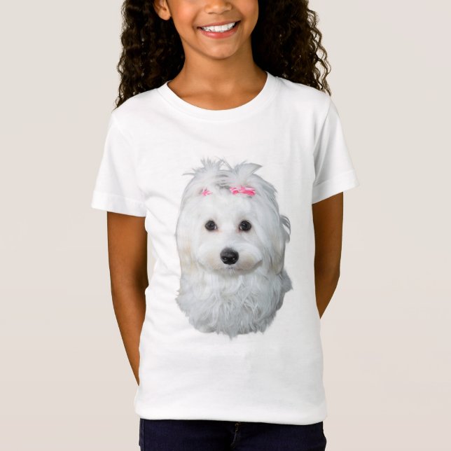 Camiseta Menina Maltesa Bonita com Fitas Rosa (Frente)