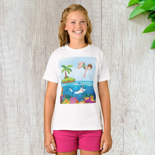 Camiseta Menina Mergulhando no Recife de Coral de Tubarão A