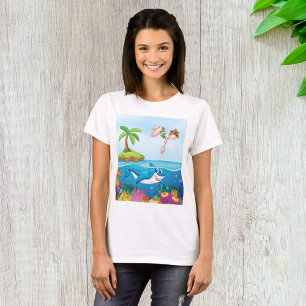 Camiseta Menina Mergulhando no Recife de Coral de Tubarão A