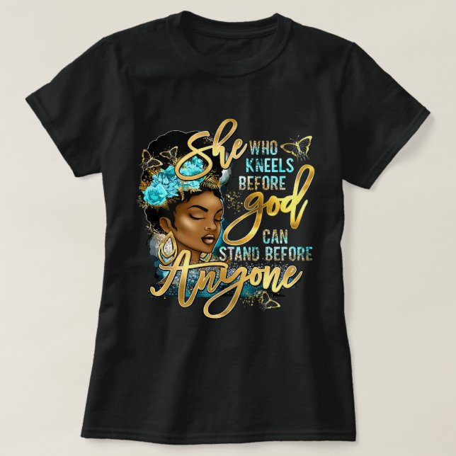 Camiseta Menina Negra Que Se Ajoelhe Perante Deus, Afã Cris (Frente do Design)