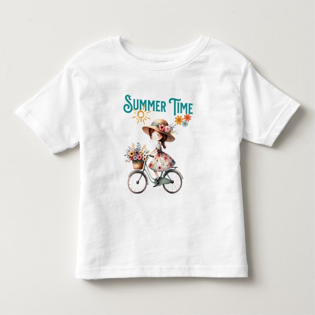 Camiseta Menina no Bicicleta com Flores no Verão (Frente)