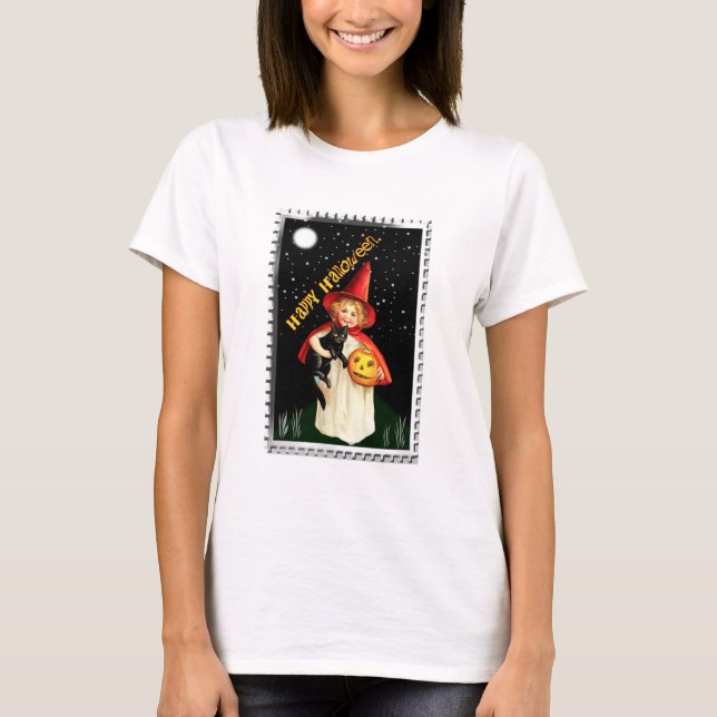 Camiseta Menina Nostálgica, Jack-o’-lantern e Gato (Frente)