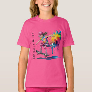 Camiseta Menina Pintada Colorida de Skate Aniversário Nome