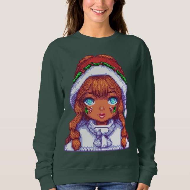 Camiseta Menina Pixelart vestindo chapéu de Papai Noel (Frente)