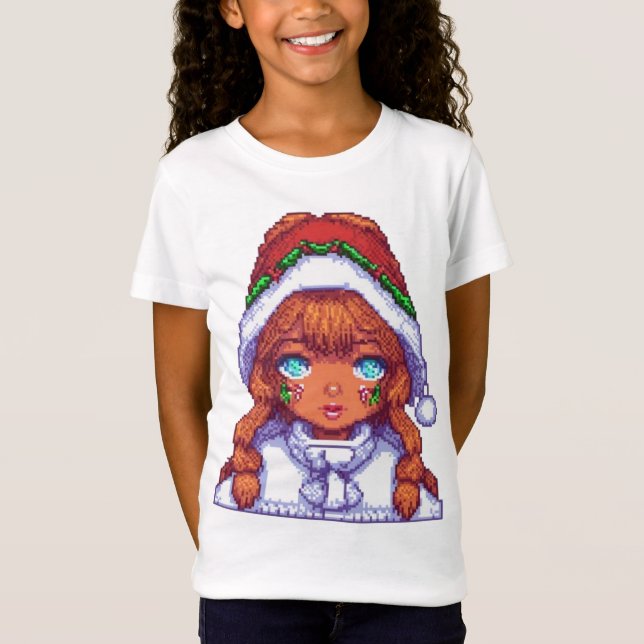 Camiseta Menina Pixelart vestindo chapéu de Papai Noel (Frente)