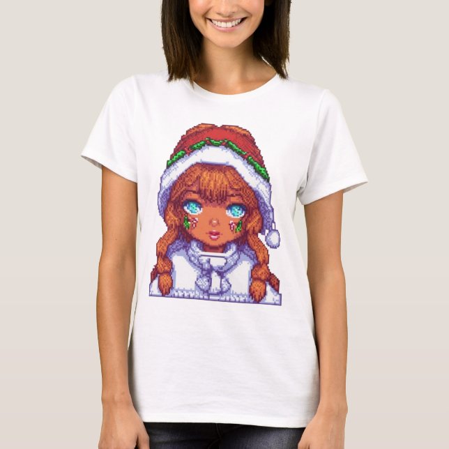 Camiseta Menina Pixelart vestindo chapéu de Papai Noel (Frente)