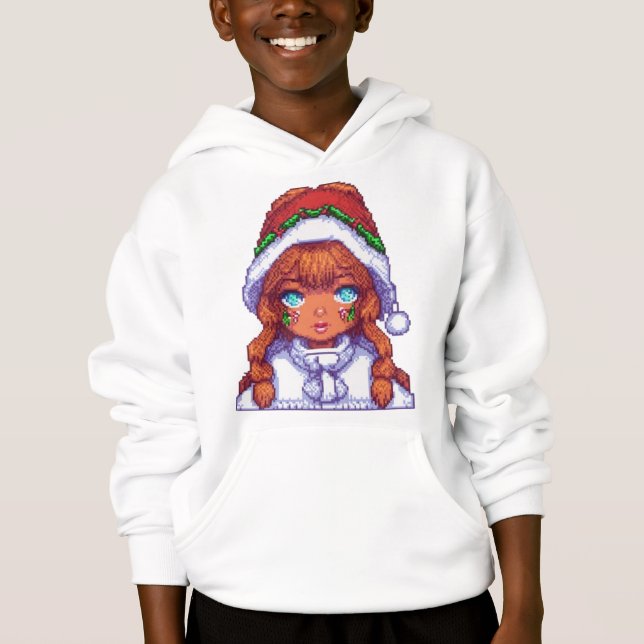 Camiseta Menina Pixelart vestindo chapéu de Papai Noel (Frente)