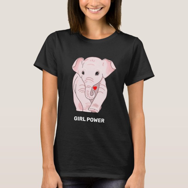 Camiseta Menina Poder Elefante Rosa Segurando um C (Frente)