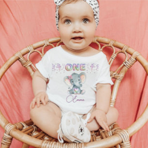 Camiseta Menina Primeiro Aniversário Nome Elefante Cute Um