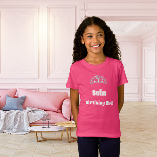 Camiseta Menina rosa de aniversário de nome de tiara