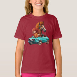 Camiseta Menina Ruiva Com Cavalo De Pônea De Carro Mustang