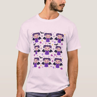 Camiseta Menina Vampira Fofa Padrão de Halloween Roxo