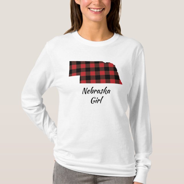 Camiseta Menina vermelha de Nebraska da xadrez do búfalo (Frente)