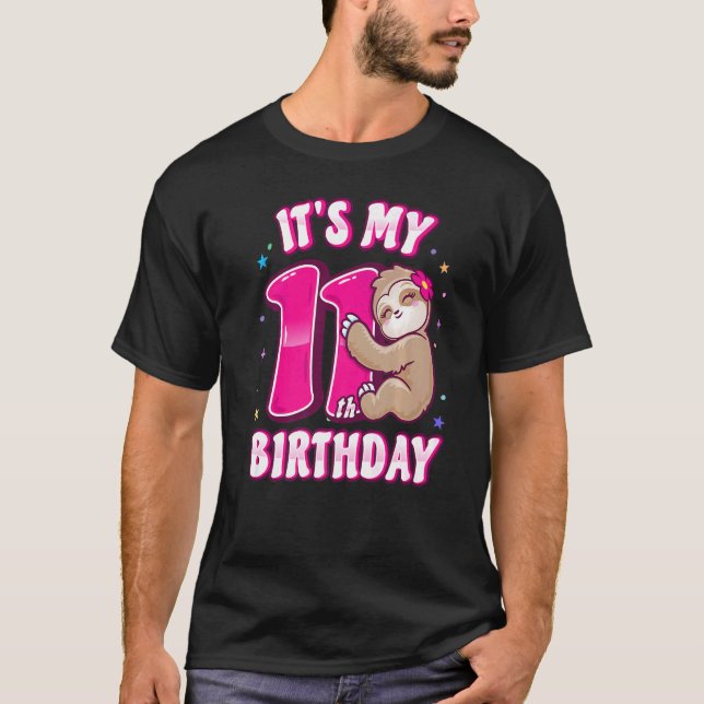 Camiseta Meninas 11.º Aniversário Meu 11 Bday Pink Sloth Pa (Frente)