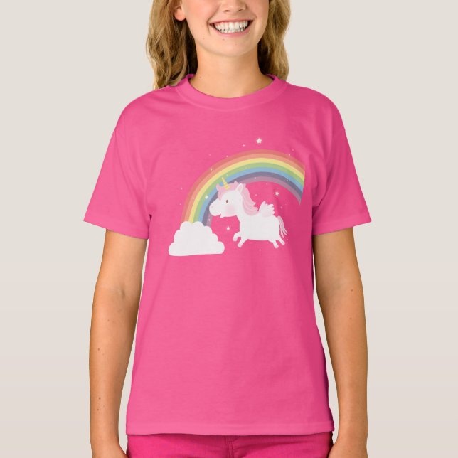 Camiseta Meninas Arco-íris Unicórnio Voador Fofo (Frente)