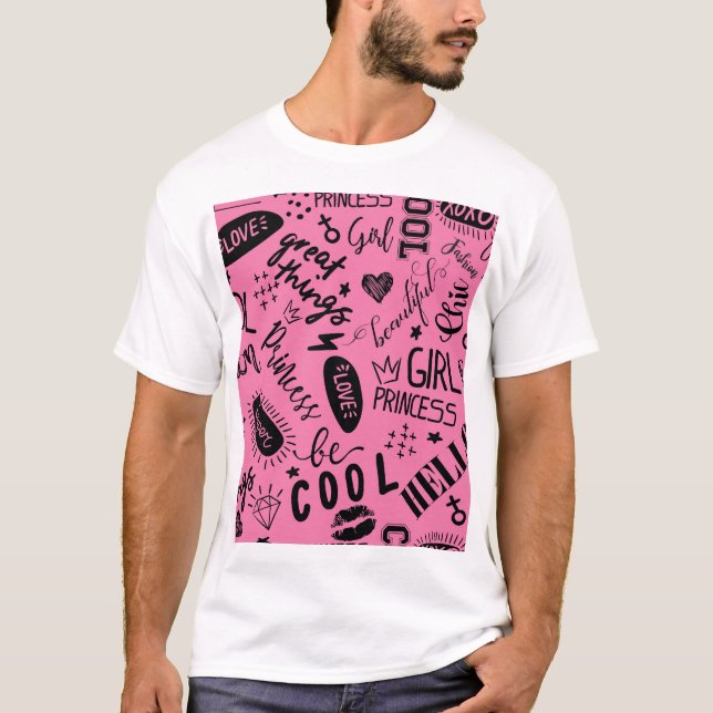 Camiseta Meninas Caligráficas: Padrão de Moda Sem Olho (Frente)