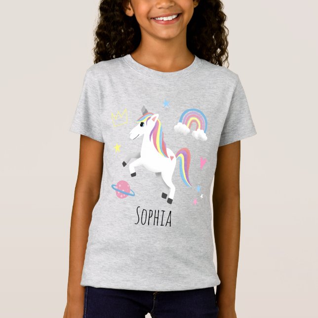 Camiseta Meninas Cute Magical Purple Unicorn & Name (Frente)