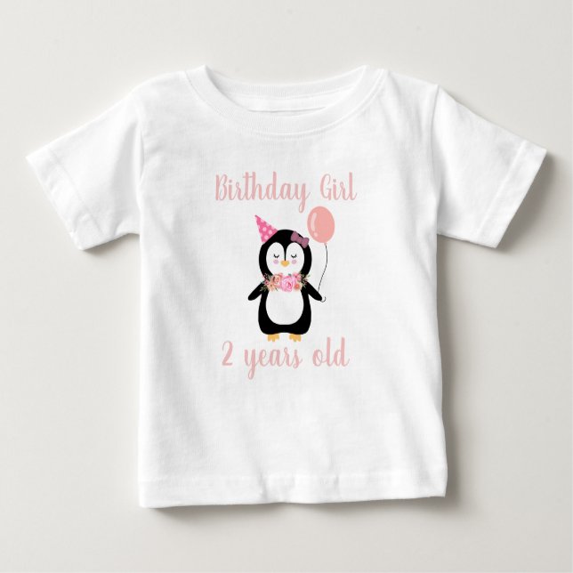 Camiseta Meninas Cute Pink Pinguin Nome de Aniversário e Id (Frente)
