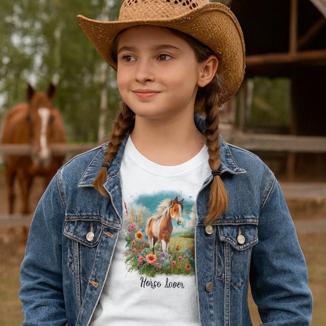 Camiseta Meninas do Pônei Pinto Amante de Cavalos  (Girls western look T-shirt .  If she likes horses then she will love this watercolor illustrated tee)