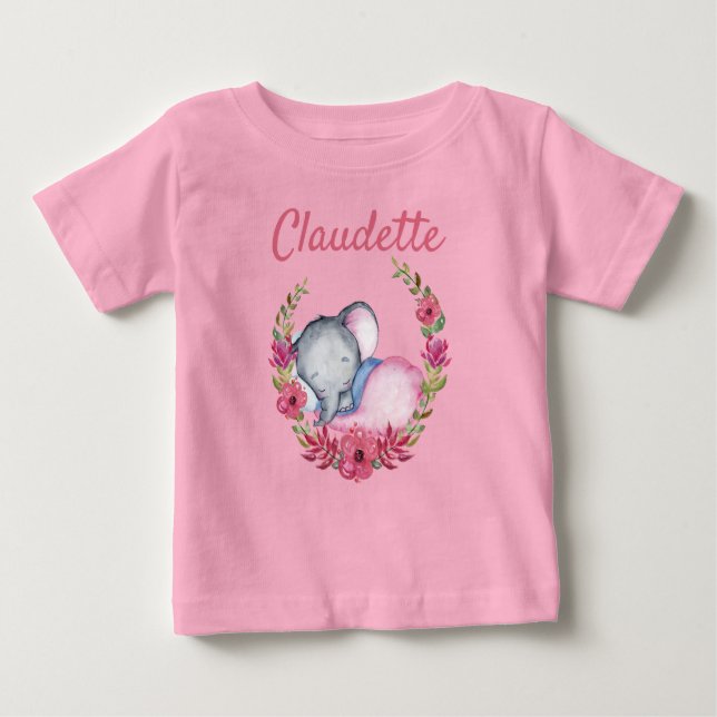Camiseta Meninas Florais De Bebê-Elefante Rosa Cor-De-Rosa  (Frente)