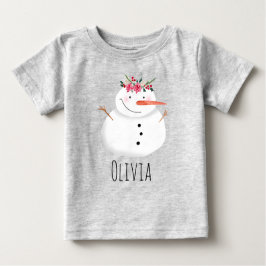 Camiseta Meninas Flores de Natal Bonitas Snowman e Nome