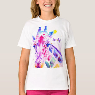 Camiseta Meninas Girafa Aquarela Roxo Fofo Animal de Zoológ