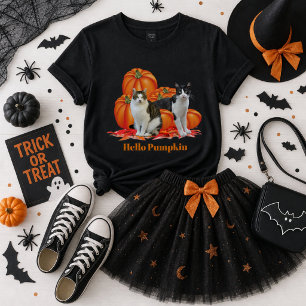 Camiseta Meninas Olá Abóbora Estilo Outonal com Gatos Cinza