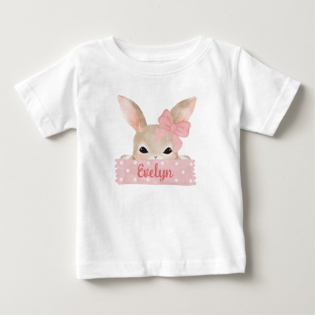 Camiseta Meninas Páscoa Aquarela Coelho Rosa  (Frente)