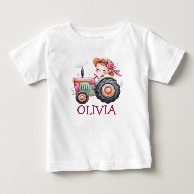 Camiseta Meninas Trator Rosa Fofo Personalizado (Frente)