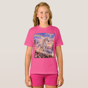 Camiseta Meninas Unicórnio Arco-Íris Encantado Rosa