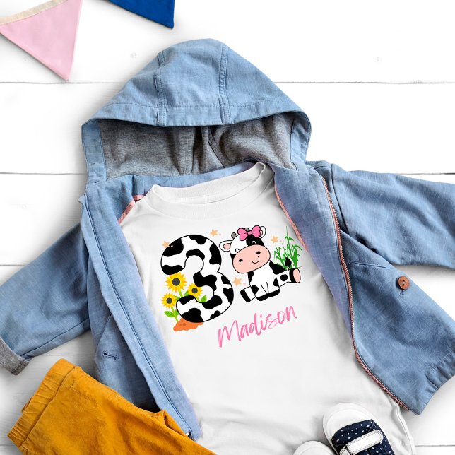 Camiseta Meninas Vaca Fofa Aniversário de 3 anos (Criador carregado)